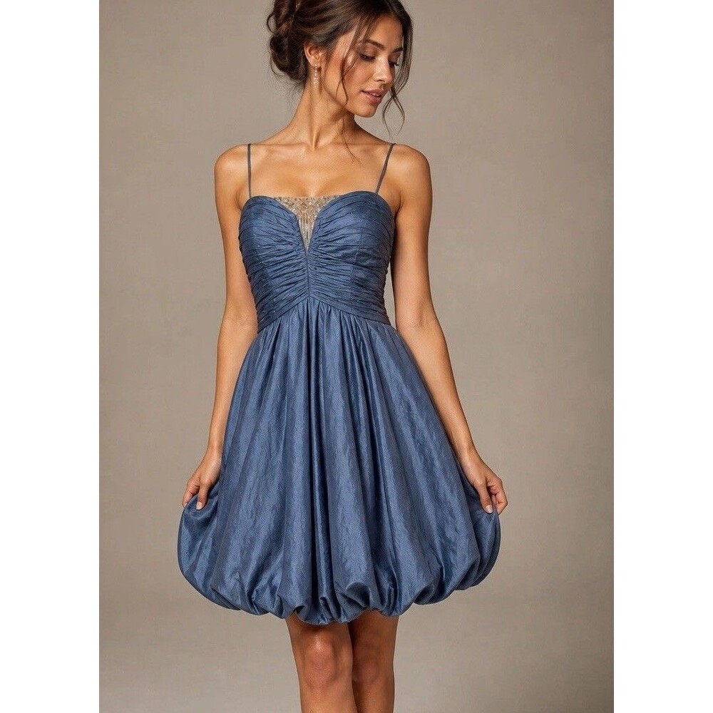 Badgley Mischka Peach Skin Silk Spaghetti Strap Blue Bubble Hem Dress Sz 6 - Picture 7 of 16